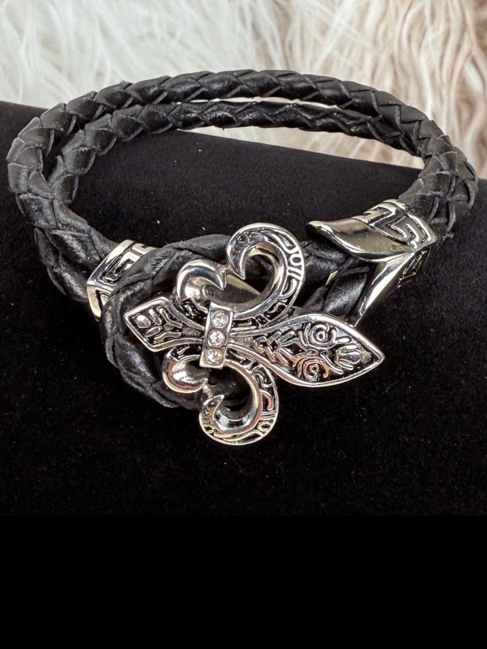 Beautiful, black braided silvertone Fleur di Lis toggle closure costume bracelet